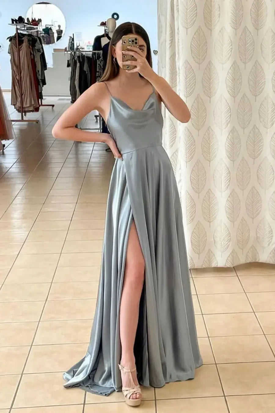 Cowl Neck A-Line Satin Split Front Formal Dresses