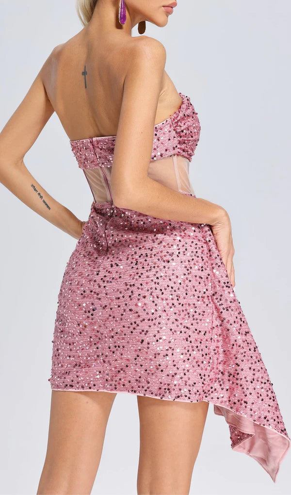 SEQUIN MESH RUCHED MINI DRESS