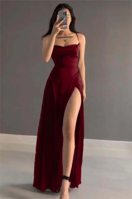 Simple Spaghetti Strap Long Prom Dress with Slit Open Back