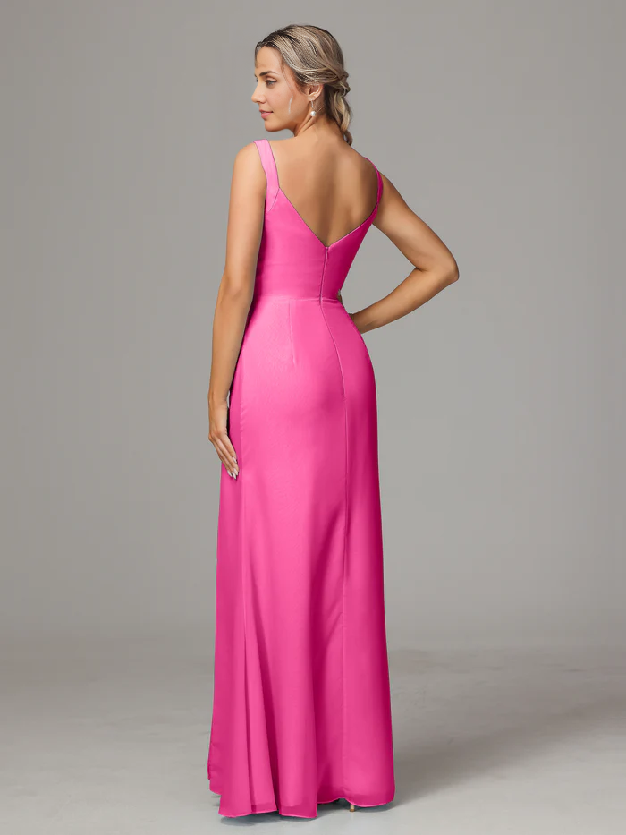 Sheath V Neck Sleeveless Chiffon Floor-length Bridesmaid Dress With Slit