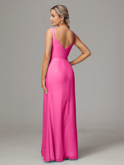 Sheath V Neck Sleeveless Chiffon Floor-length Bridesmaid Dress With Slit