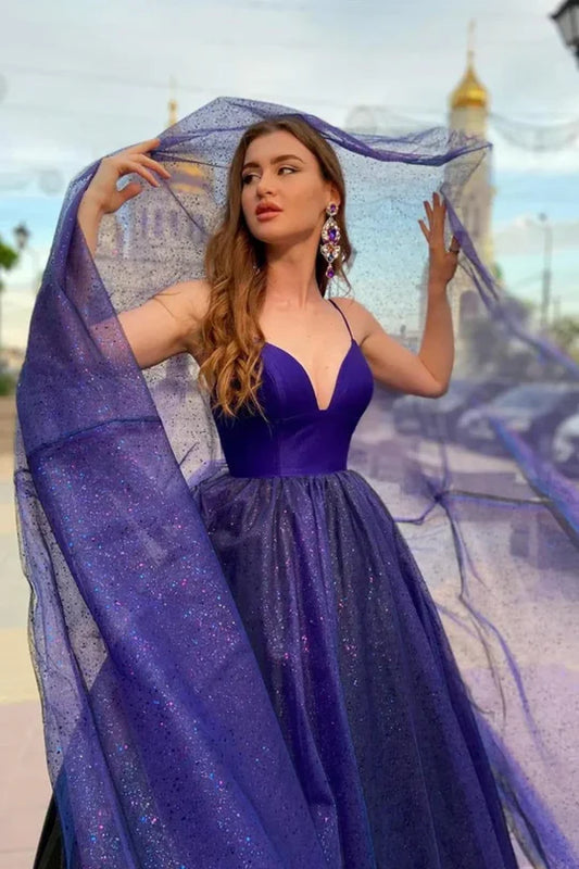 V-Neck Sleeveless A-Line Tulle Prom Party Dresses