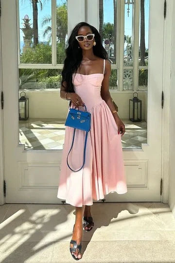 Blushing Pink Spaghetti Straps A-Line Tea-Length Formal Dresses