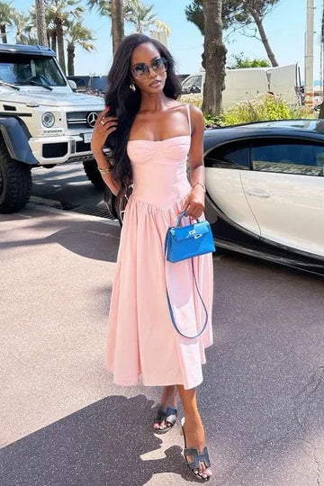 Blushing Pink Spaghetti Straps A-Line Tea-Length Formal Dresses