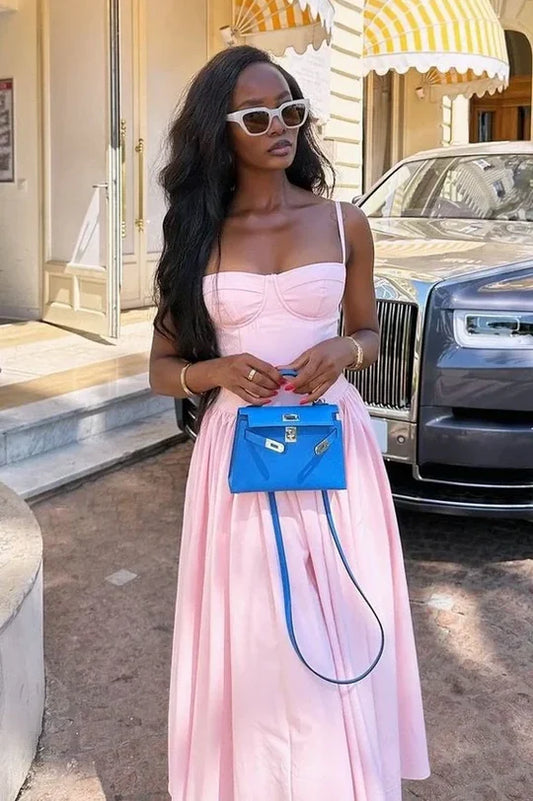 Blushing Pink Spaghetti Straps A-Line Tea-Length Formal Dresses