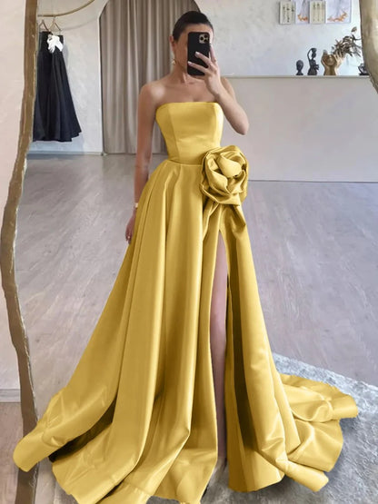 Black Strapless Satin Long Prom Dress With High Split