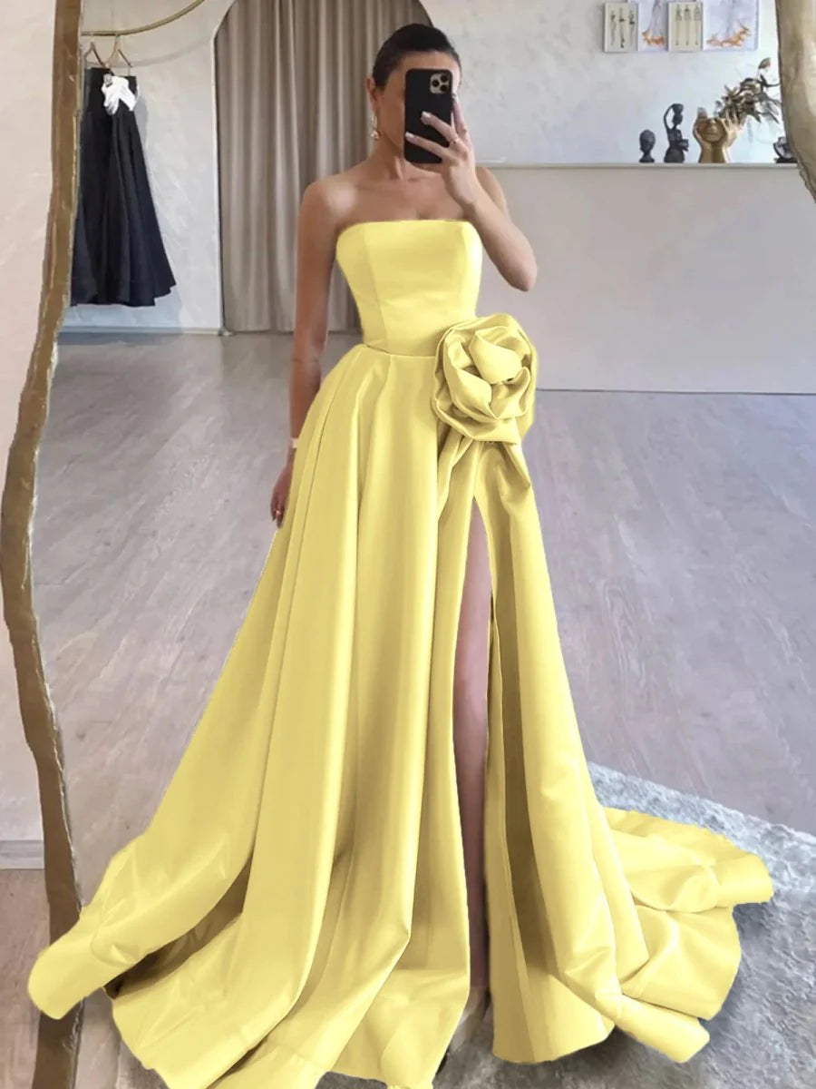 Black Strapless Satin Long Prom Dress With High Split