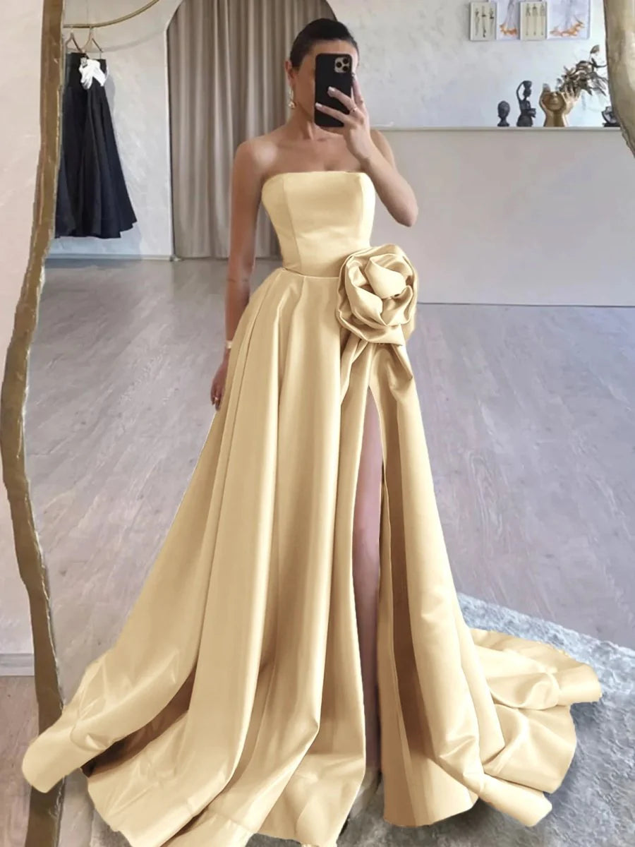 Black Strapless Satin Long Prom Dress With High Split