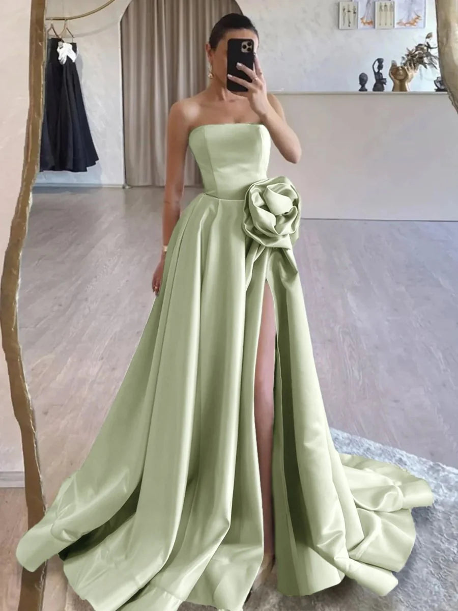 Black Strapless Satin Long Prom Dress With High Split