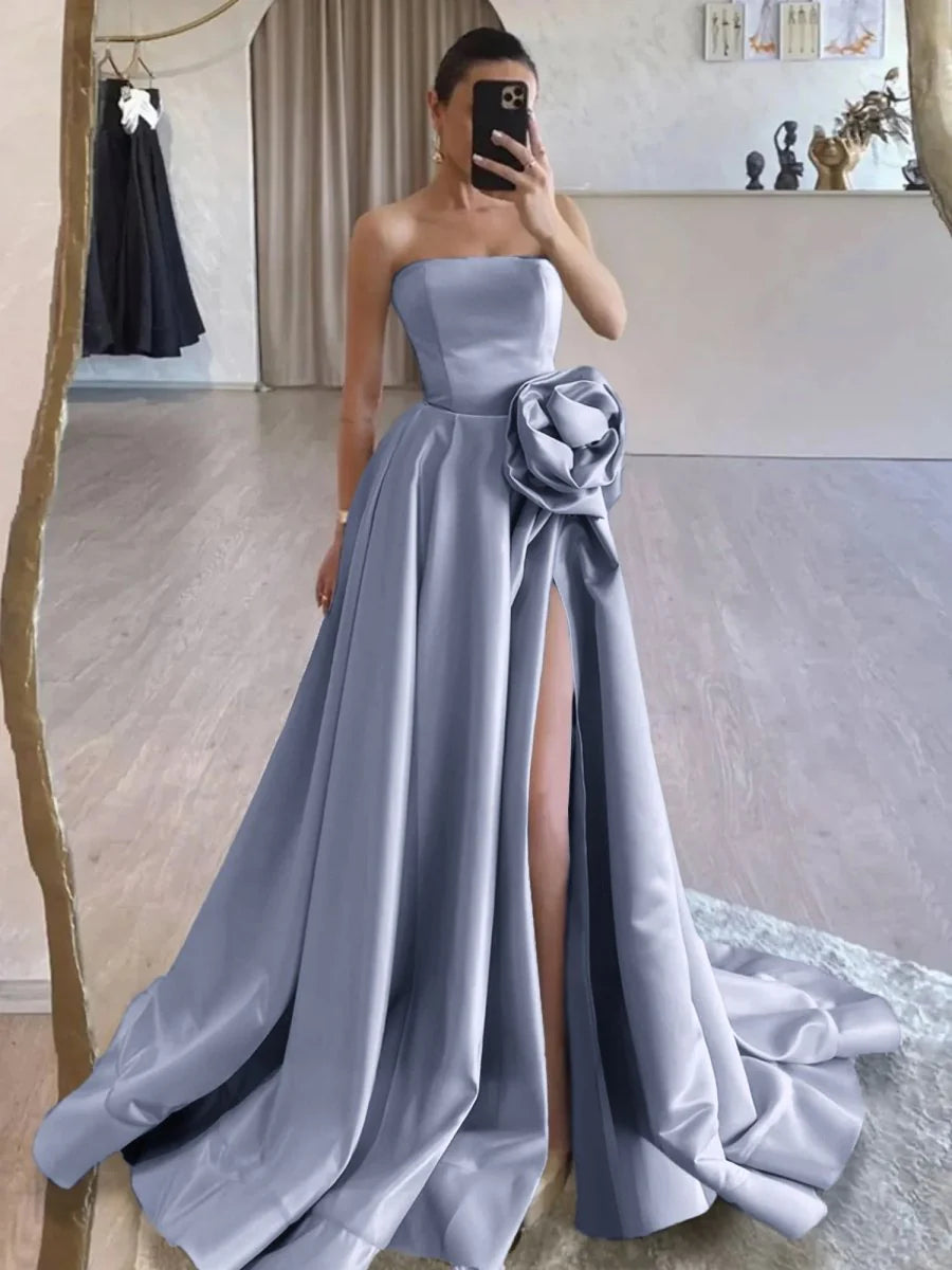 Black Strapless Satin Long Prom Dress With High Split