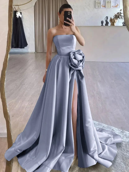 Black Strapless Satin Long Prom Dress With High Split