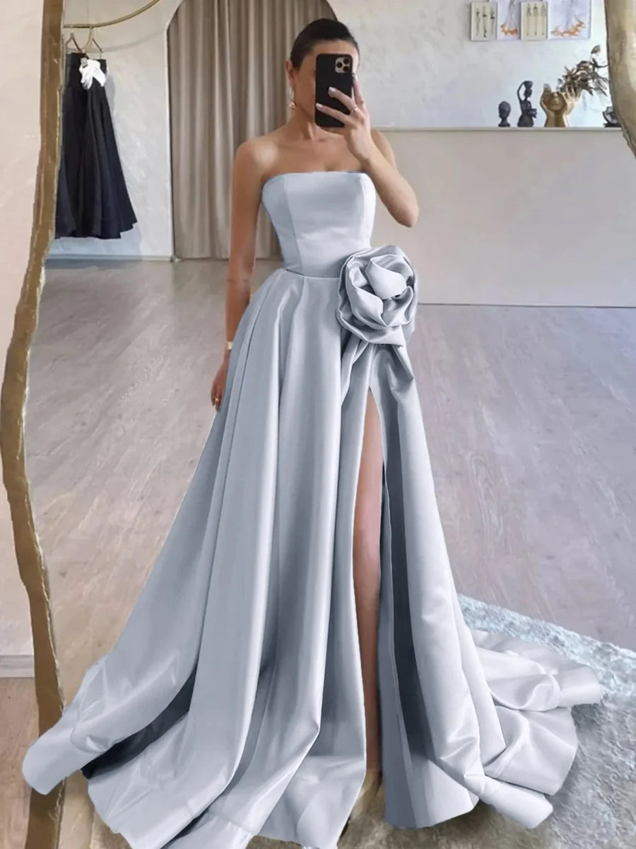 Black Strapless Satin Long Prom Dress With High Split