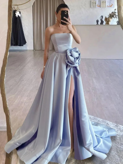 Black Strapless Satin Long Prom Dress With High Split