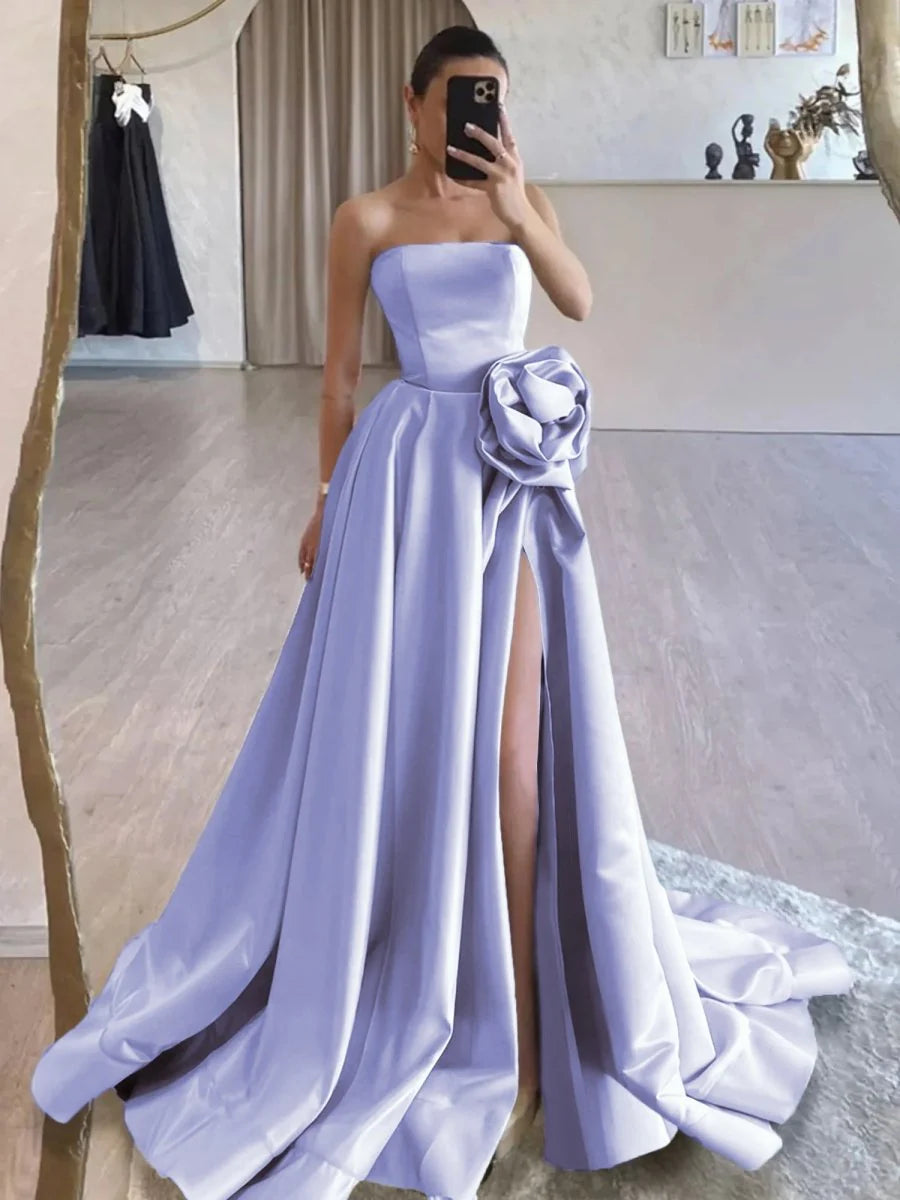 Black Strapless Satin Long Prom Dress With High Split