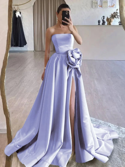 Black Strapless Satin Long Prom Dress With High Split