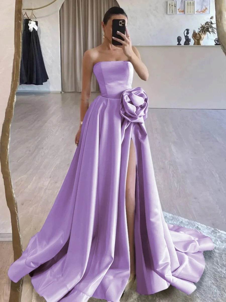 Black Strapless Satin Long Prom Dress With High Split