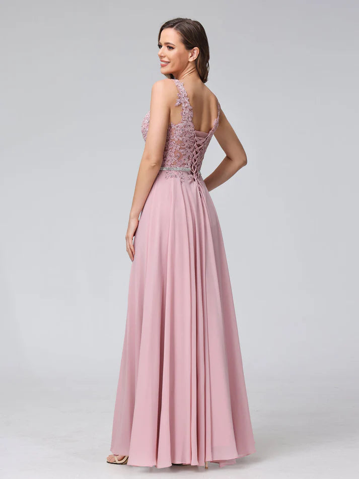 A-Line V-Neck Sleeveless Long Chiffon Dresses with Lace Appliques