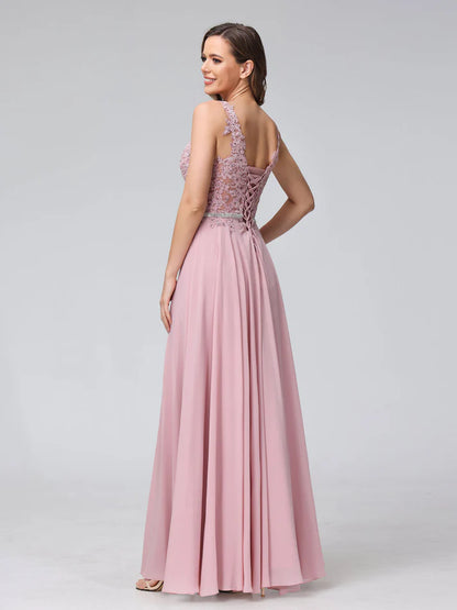 A-Line V-Neck Sleeveless Long Chiffon Dresses with Lace Appliques