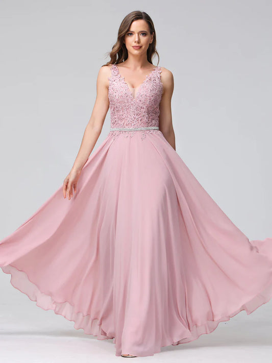 A-Line V-Neck Sleeveless Long Chiffon Dresses with Lace Appliques