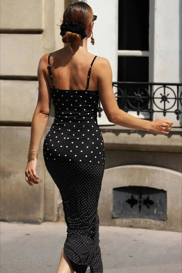 Black and White Polka Dot Maxi Prom Dresses with Spaghetti Strap Ruched Hem Slit for Prom and Retro Party