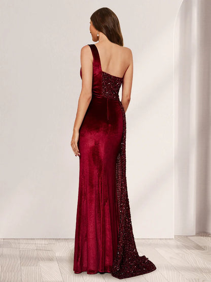 Sheath One-Shoulder Floor-Length Velvet Evening Dresses with Sequins
