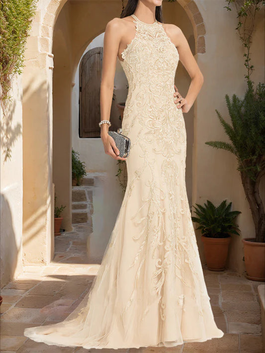 Mermaid Halter Sleeveless Applique Prom Dresses
