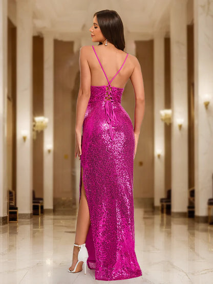 Sheath Spaghetti Straps Sleeveless Prom Dresses with Split Side
