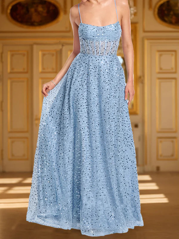 A-Line Straps Cowl Neck Sequin Prom Dresses with Split Side