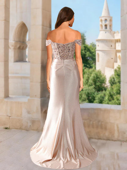 Mermaid Off-the-Shoulder Sleeveless Beading Prom Dresses