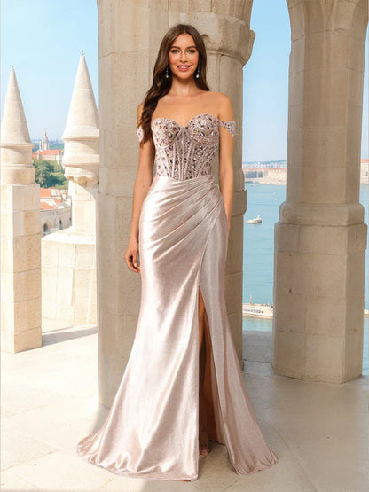 Mermaid Off-the-Shoulder Sleeveless Beading Prom Dresses