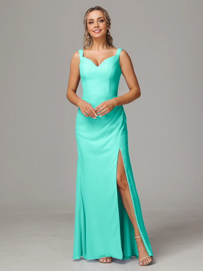 Sheath V Neck Sleeveless Chiffon Floor-length Bridesmaid Dress With Slit