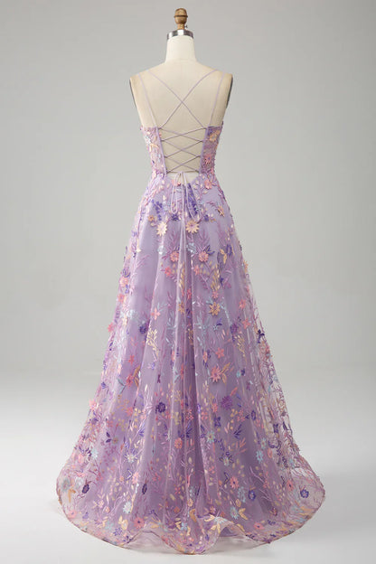 A Line Spaghetti Straps Front Slit Tulle Mauve Prom Dress