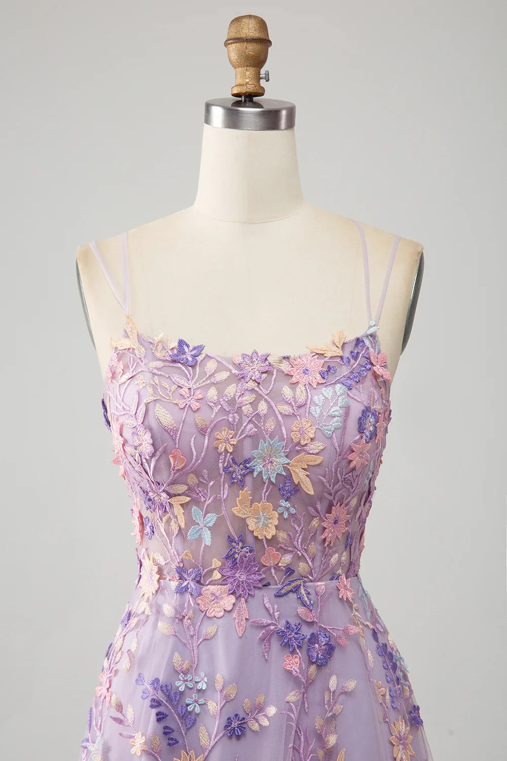 A Line Spaghetti Straps Front Slit Tulle Mauve Prom Dress