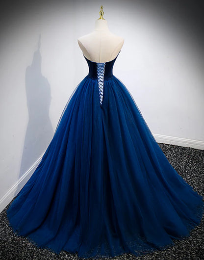 A-Line Princess Blue Sweetheart Tulle and Velvet Long Party Dress Evening Dress Prom Dress