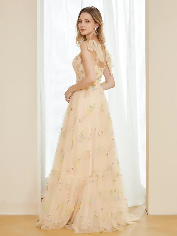 A-Line Tulle Embroidery Long Prom Dresses with Spaghetti Straps