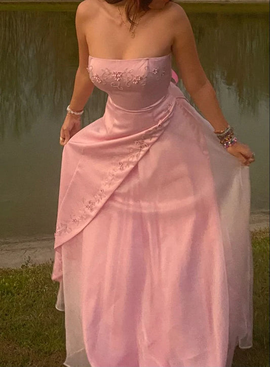A Line Strapless Pink Chiffon Long Party Dress Prom Dresses
