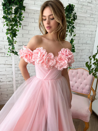 Pink dress with flowers on the shoulders-1