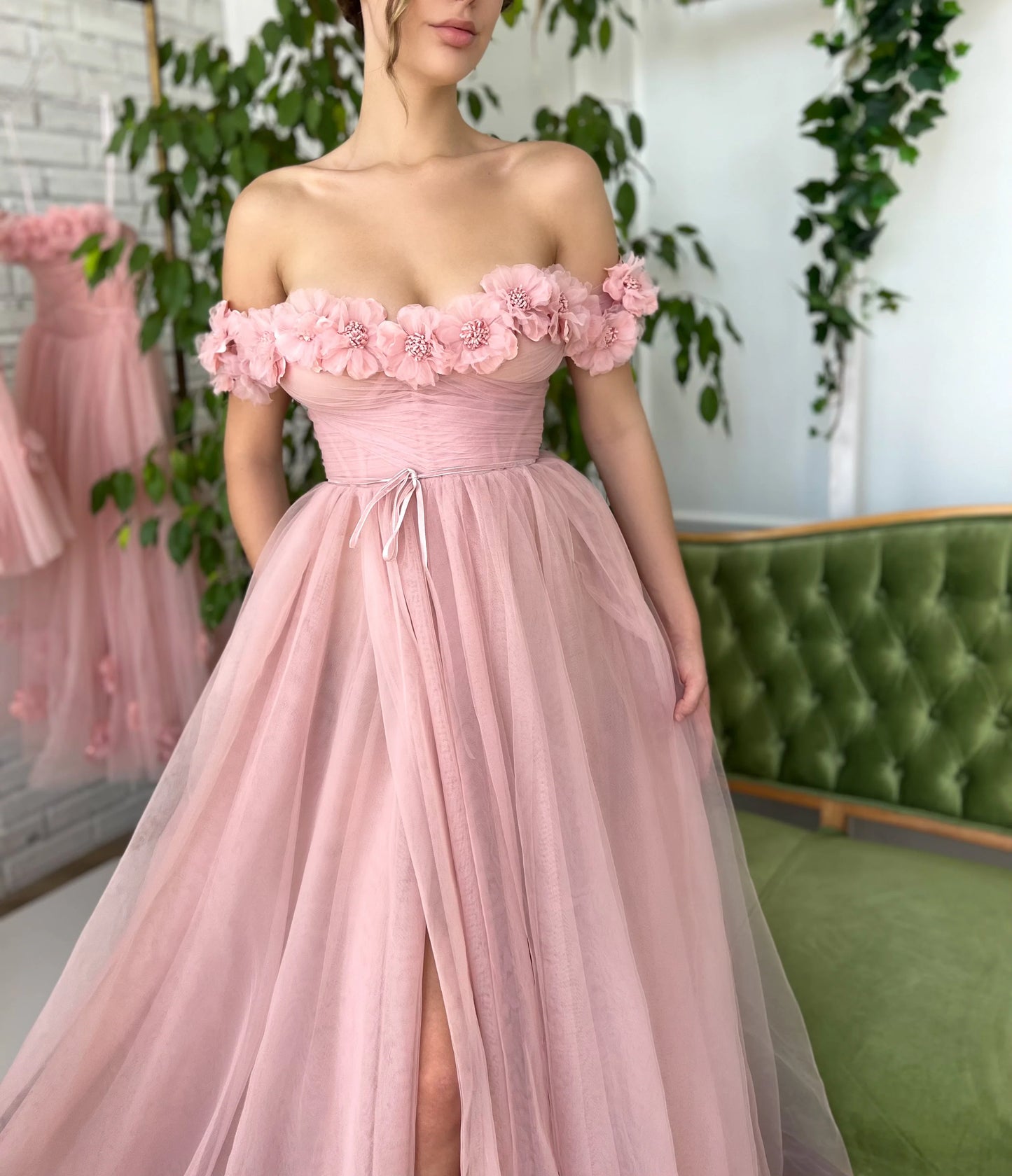 Pink dress with flowers on the shoulders-2
