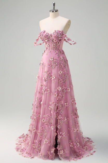 A-Line Off The Shoulder Corset Long Prom Dress with Slit