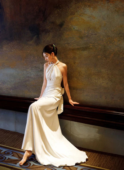 Simple White Halterneck Satin Long Party Dress Prom Dress Floor-length Evening Dress
