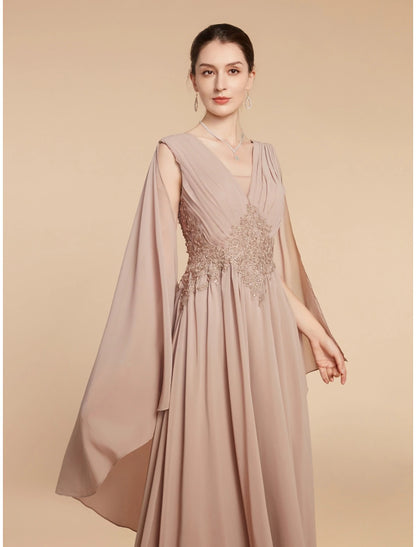 A-Line Mother of the Bride Dress Wedding Guest Elegant V Neck Ankle Length Chiffon Lace Sleeveless
