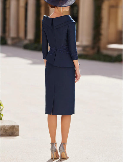 Sheath / Column Mother of the Bride Dress Formal Wedding Guest Vintage V Neck Tea Length Satin with Appliques