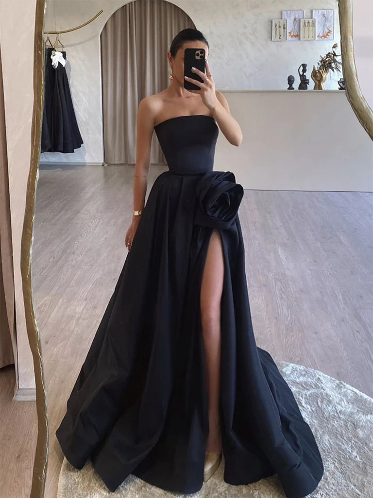A-Line Satin Strapless Black Long Prom Dress Formal Dress With Slit