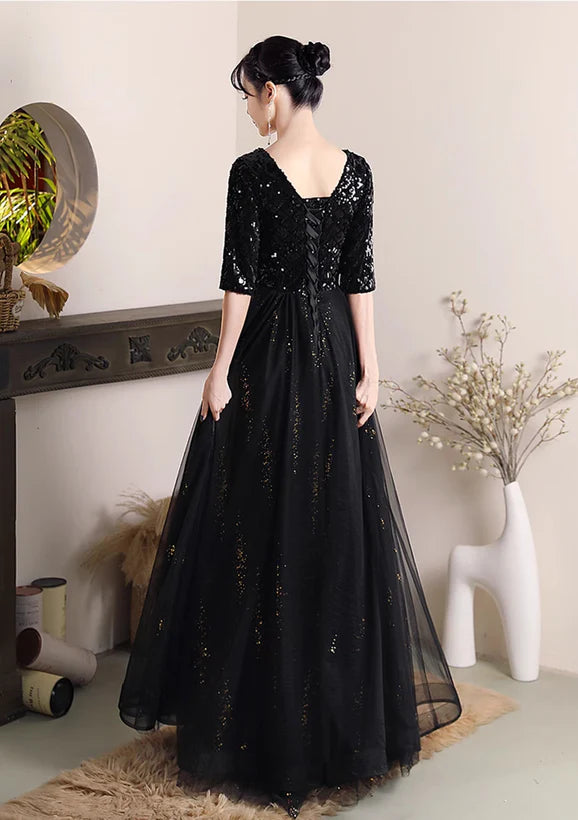 Black A-line V-Neck Sequins and Tulle Long Formal Dress Wedding Party Dress