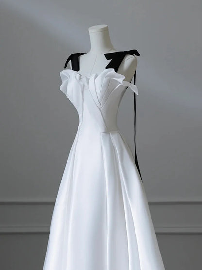 A-Line Satin White Long Prom Dress Formal Dress with Sweep Train