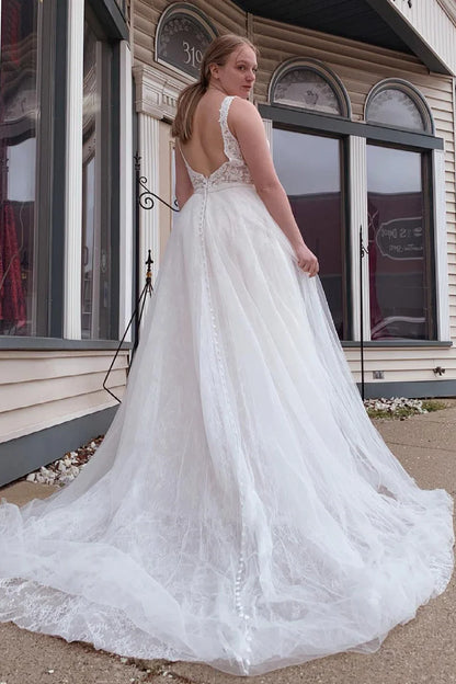 A-Line Tulle White Deep V Long Wedding Dress with Beading