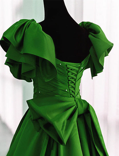 Green Satin Off Shoulder Long Party Dress A-line Green Prom Dress Ballgown