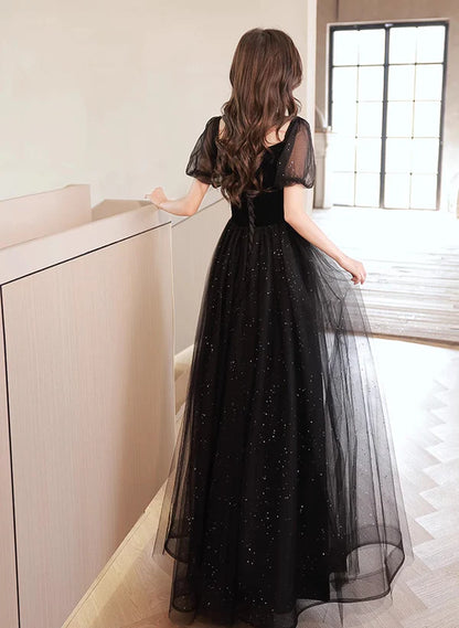 Glitter A-Line Princess Black Tulle and Velvet Short Sleeves Prom Dress Black Evening Dress