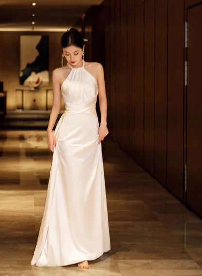 Simple White Halterneck Satin Long Party Dress Prom Dress Floor-length Evening Dress