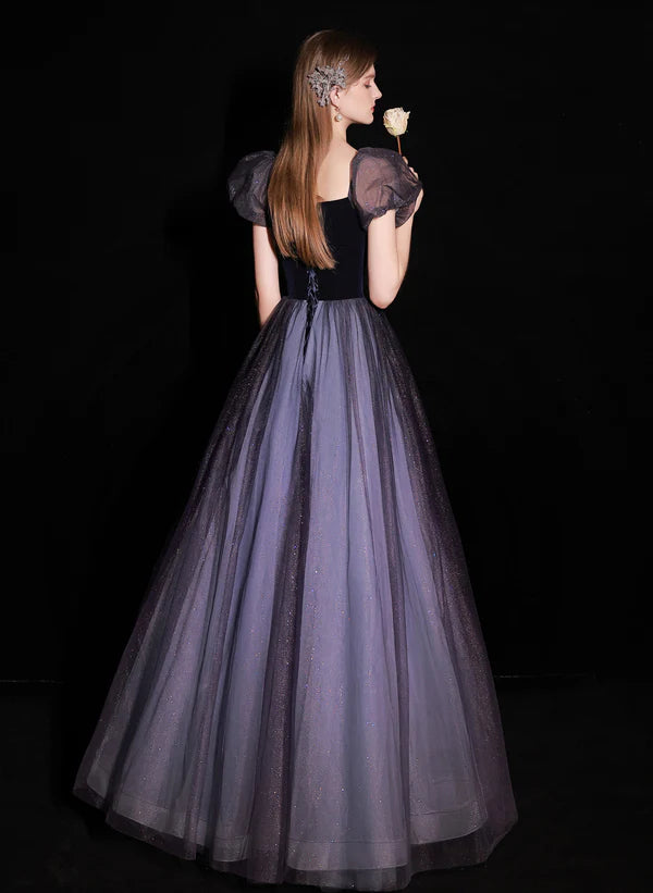 A-line Glitter Purple Bubble Sleeved Ballgown Tulle and Velvet Long Prom Dress